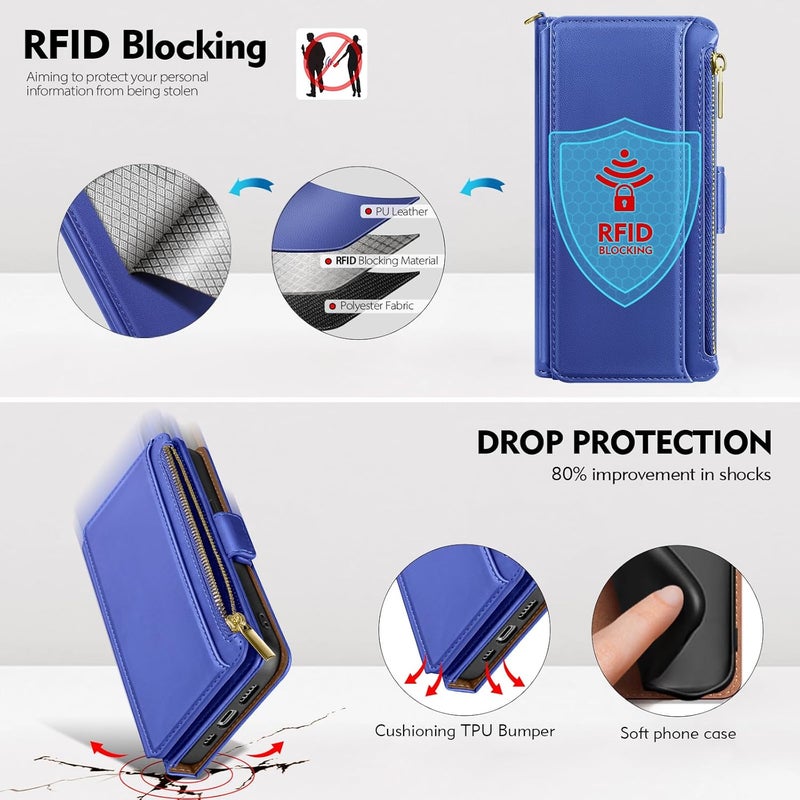Antsturdy Compatible with iPhone 16 Pro Max Wallet Case,RFID Blocking PU Leather Phone Case Women Men Kickstand flip Cover Wrist Strap Zipper Credit Card Holder Slots for Apple 16 ProMax,Purple Blue - Image 5